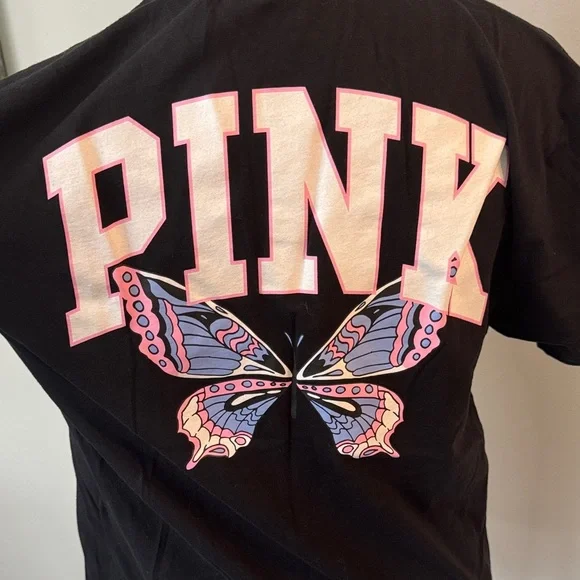 PINK Victoria's Secret Black Tee with Butterfly Graphic EUC XS/S - Picture 6 of 9